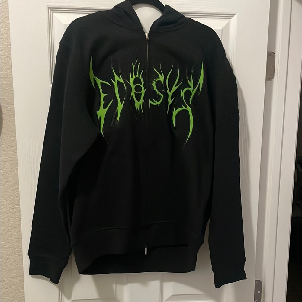 Black and Green Zip Up Sweater with Edgy Graphic